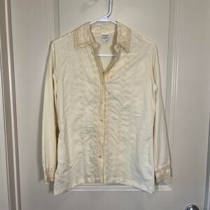 Vintage 70's Cream Embroidered Long Sleeve Collared Top Division II Size Medium